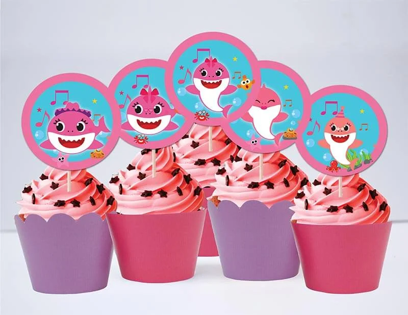 Set bánh cupcake baby shark girl màu hồng tím