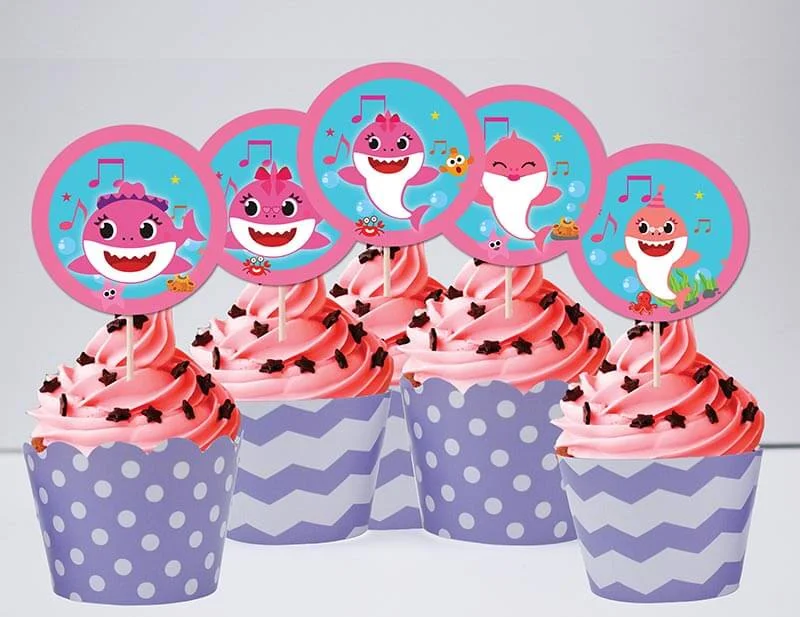 tem banh cupcake baby shark gai tim cham bi Tem bánh cupcake Baby Shark Gái màu tím chấm bi