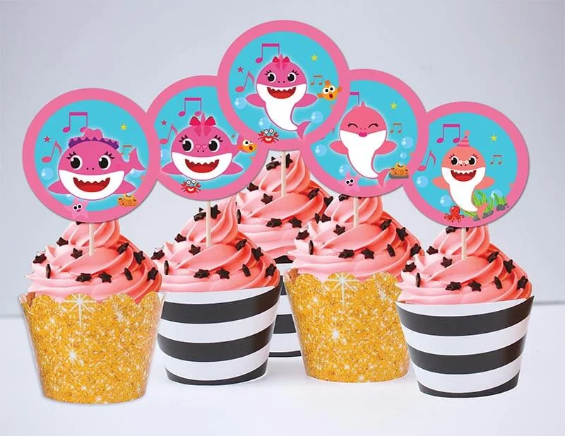 tem banh cupcake baby shark gai vang den kim tuyen Tem bánh cupcake Baby Shark Gái màu vàng đen kim tuyến