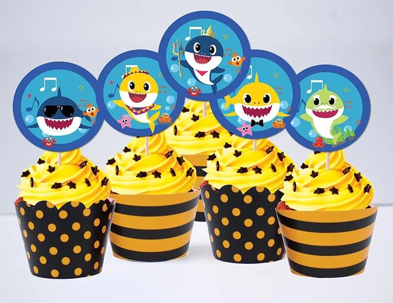 Tem bánh cupcake Baby Shark Trai màu vàng đen