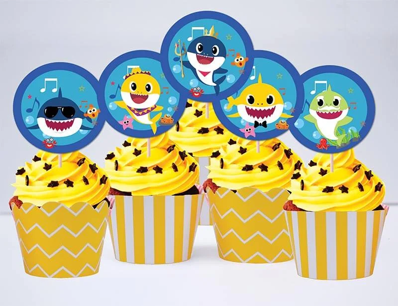 Set cupcake sinh nhật Baby Shark boy màu vàng hoàng gia