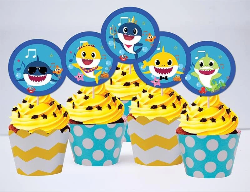 Set cupcake sinh nhật Baby Shark boy màu vàng zigzag