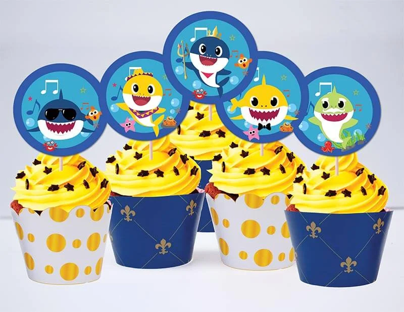 Set bánh cupcake sinh nhật Baby Shark boy màu xanh hoàng gia