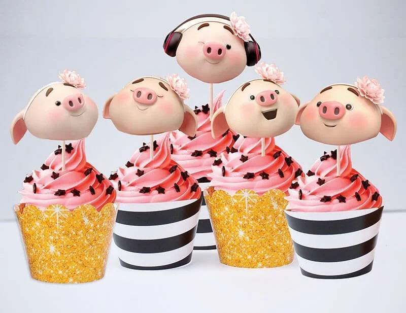 tem banh cupcake be heo gai den kim tuyên Tem bánh cupcake bé heo gái màu đen kim tuyến