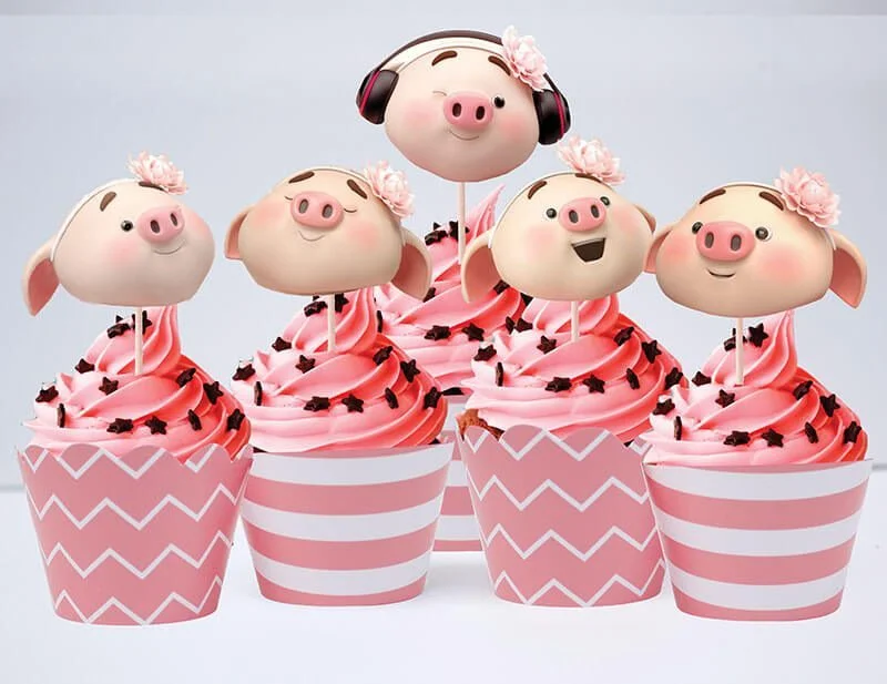 tem banh cupcake be heo gai hong hoang gia Tem bánh cupcake bé heo gái màu hồng hoàng gia