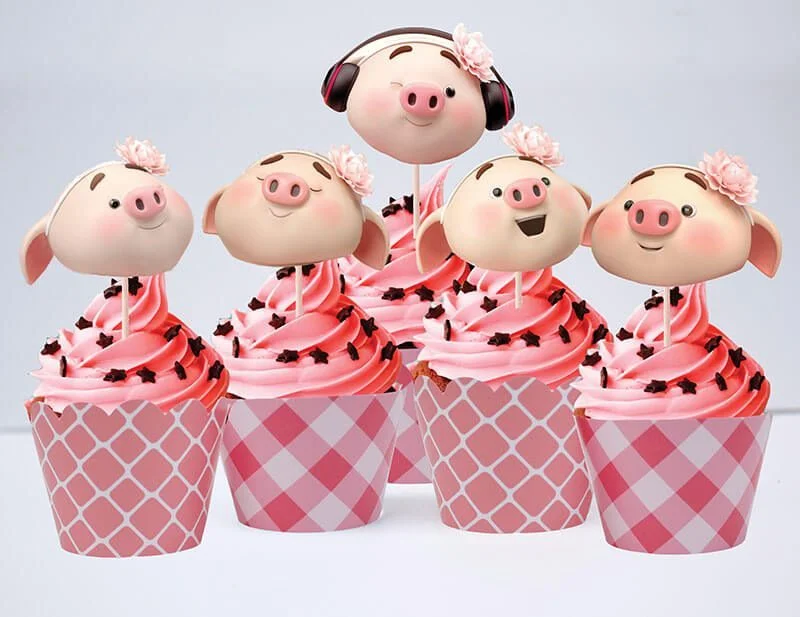 tem banh cupcake be heo gai hong luoi Tem bánh cupcake bé heo gái màu hồng lưới