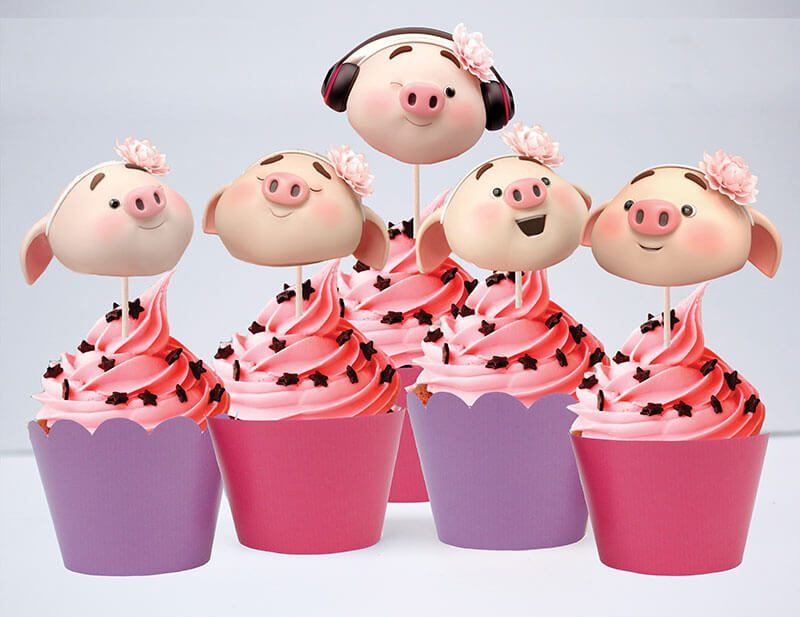 Set bánh cupcake heo gái màu hồng tím