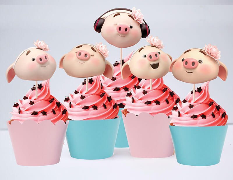 Set bánh cupcake heo gái màu hồng xanh min