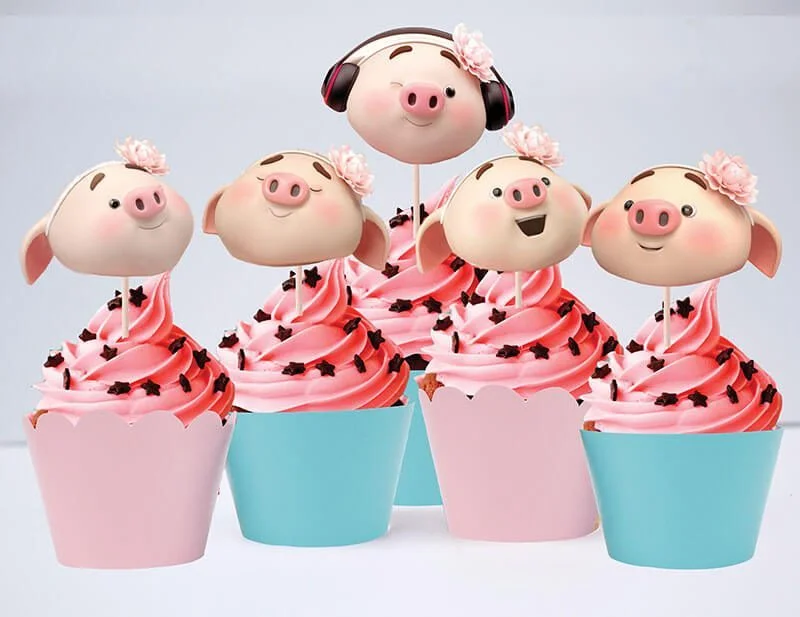 tem banh cupcake be heo gai hong xanh min Tem bánh cupcake bé heo gái màu hồng xanh mint