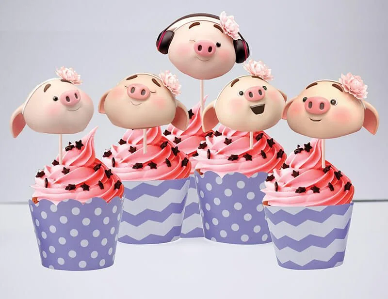 tem banh cupcake be heo gai tim cham bi Tem bánh cupcake bé heo gái màu tím chấm bi