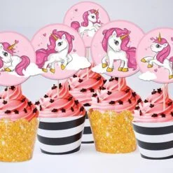 Tem bánh cupcake unicorn girl màu đen kim tuyến