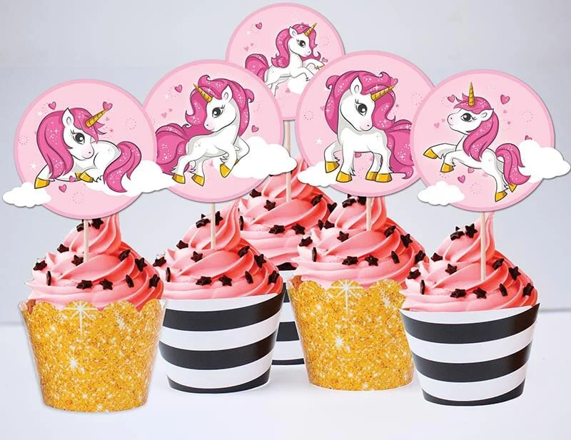 Set bánh cupcake unicorn girl màu đen kim tuyến