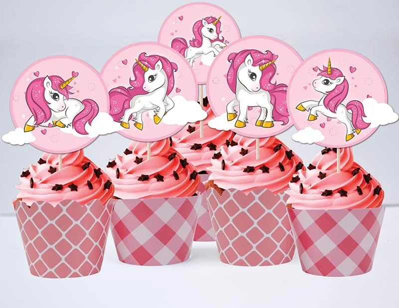 Tem bánh cupcake unicorn girl màu hồng lưới