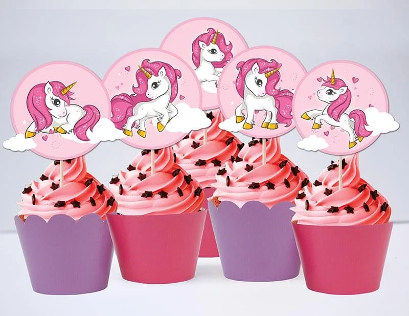 Tem bánh cupcake unicorn girl màu hồng tím