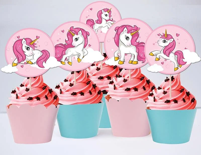 Tem bánh cupcake unicorn girl màu hồng xanh min