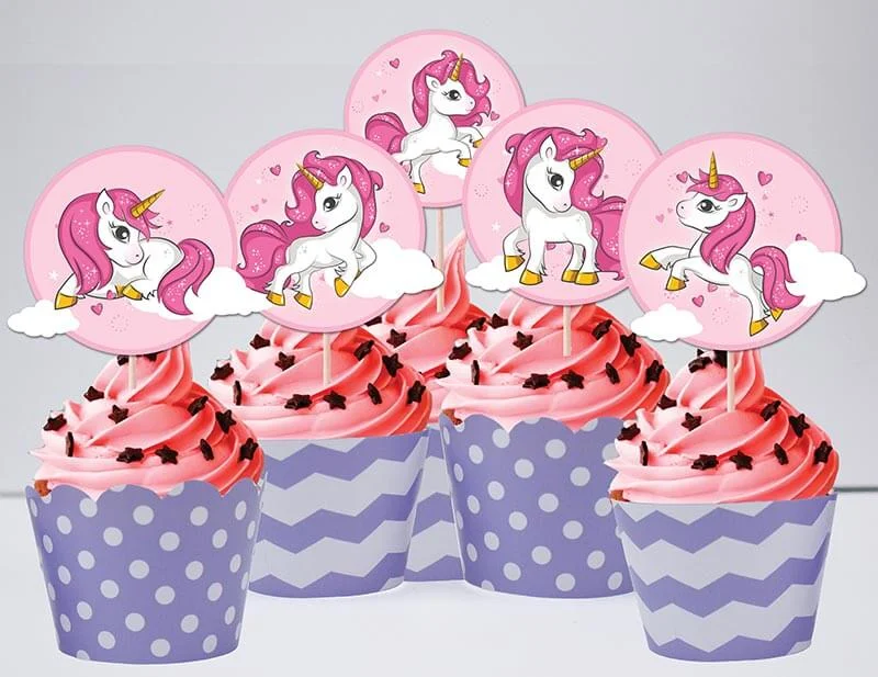 Set bánh cupcake Unicorn Girl màu tím chấm bi