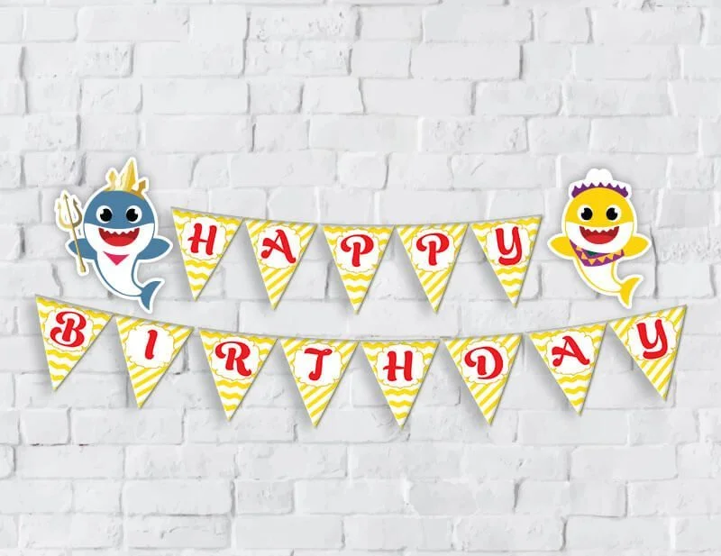 Tem banner baby shark boy màu vàng zigzag