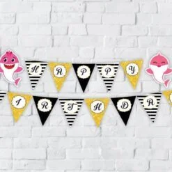 Tem banner babyshark girl màu đen kim tuyến