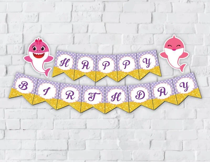 Tem banner babyshark girl màu tím chấm bi