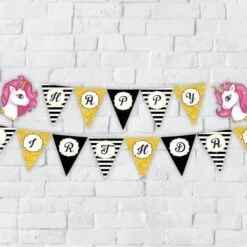 Tem banner unicorn girl màu đen kim tuyến
