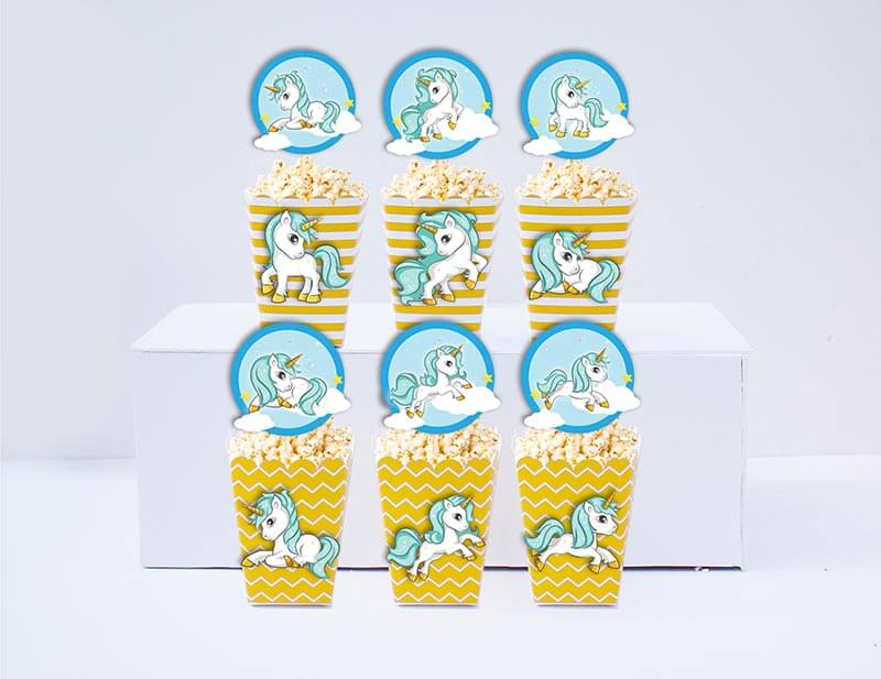 Set bắp rang bơ sinh nhật Unicorn Boy màu vàng zigzag