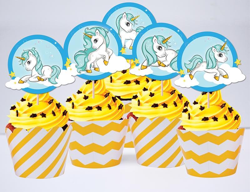 Set bánh cupcake sinh nhật Unicorn Boy màu vàng zigzag