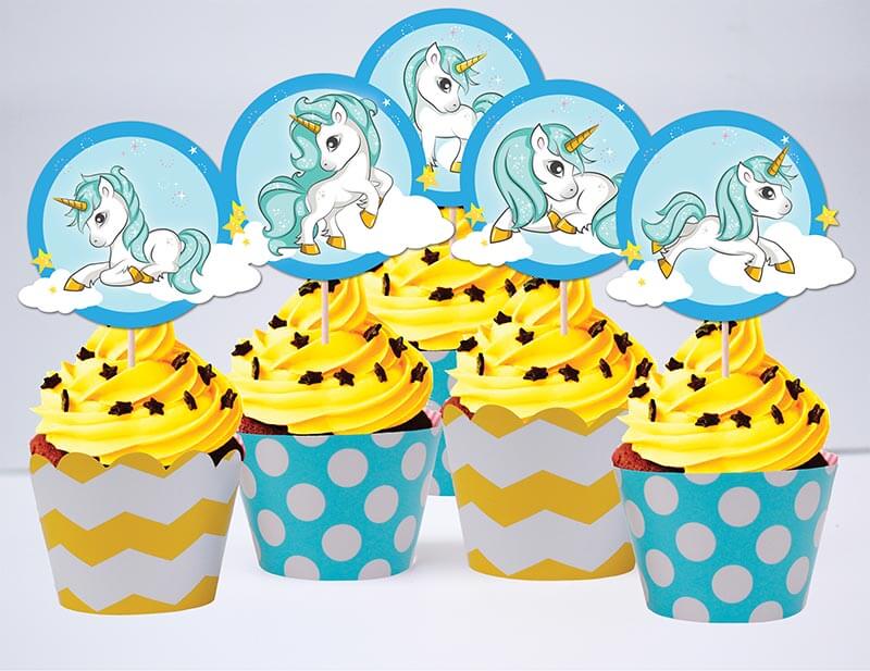 Set cupcake sinh nhật Unicorn Boy màu xanh min vàng