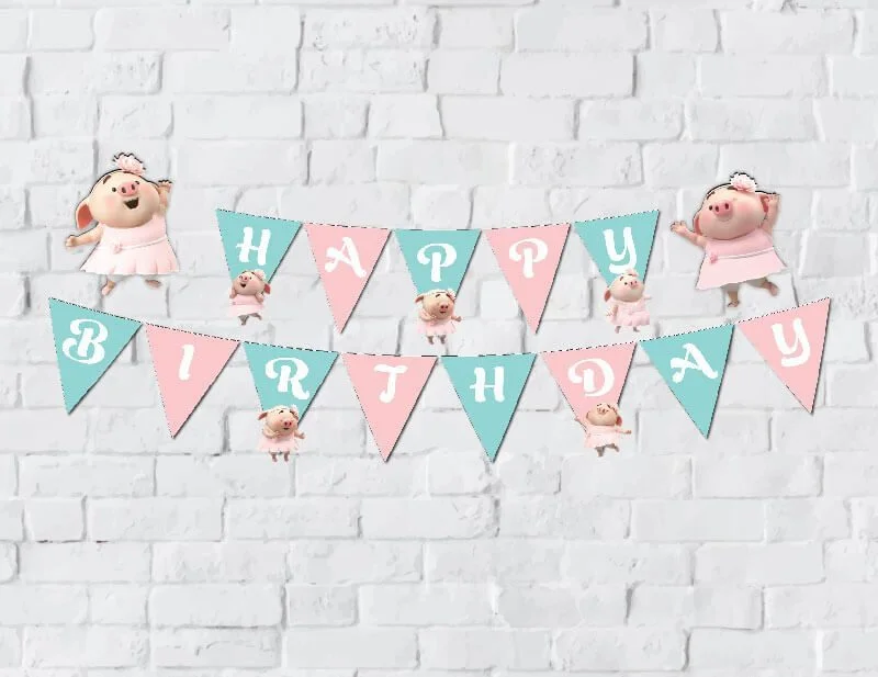 tem day chu happy birthday be heo gai mau hong xanh mint Tem dây chữ Happy Birthday bé heo gái màu hồng xanh mint
