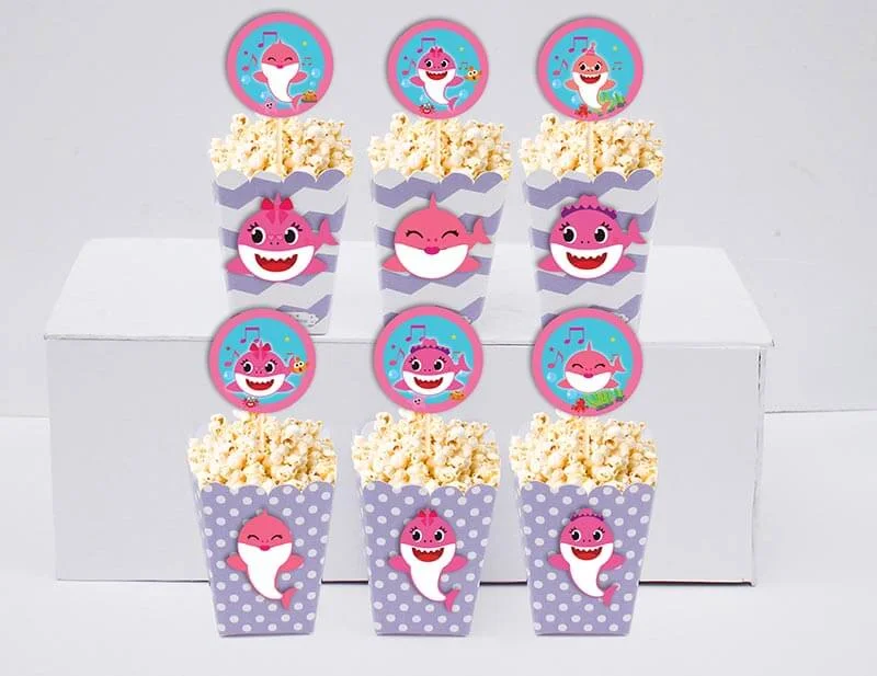 tem hop bap rang bo be baby shark gai tim cham bi Tem hộp bắp rang bơ Baby Shark Gái màu hồng tím