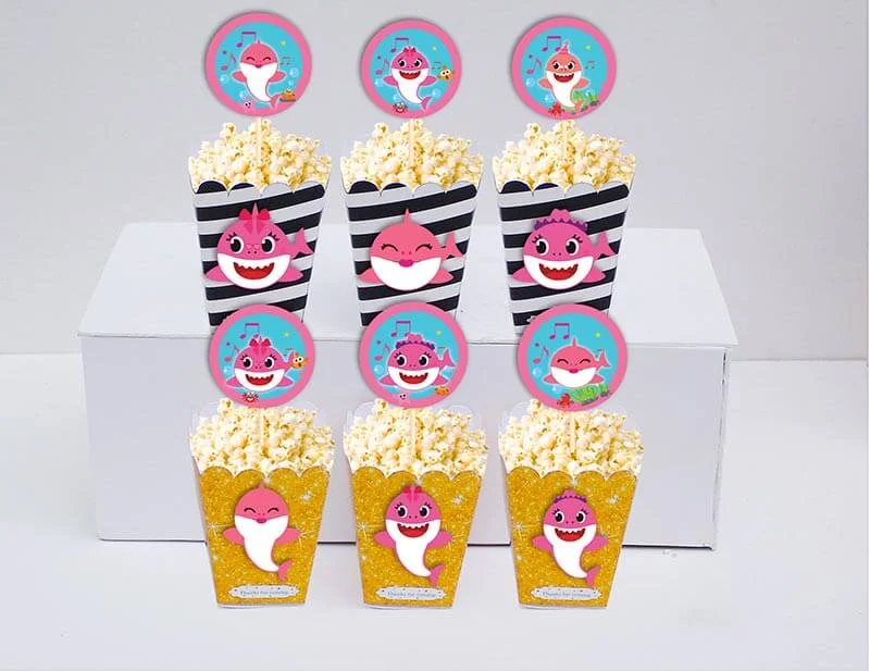 tem hop bap rang bo be baby shark gai vang den kim tuyen Tem hộp bắp rang bơ Baby Shark Gái màu đen - vàng kim tuyến
