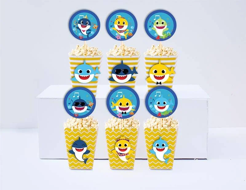 Set bắp rang sinh nhật Baby Shark boy màu vàng hoàng gia