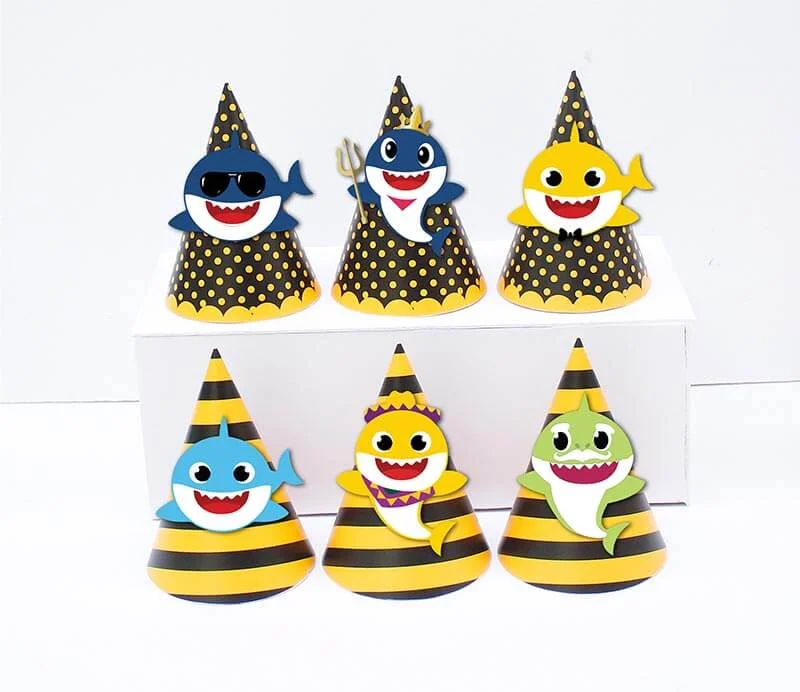 tem non sinh nhat baby shark trai mau den kim tuyen Tem nón sinh nhật Baby Shark Trai màu vàng đen