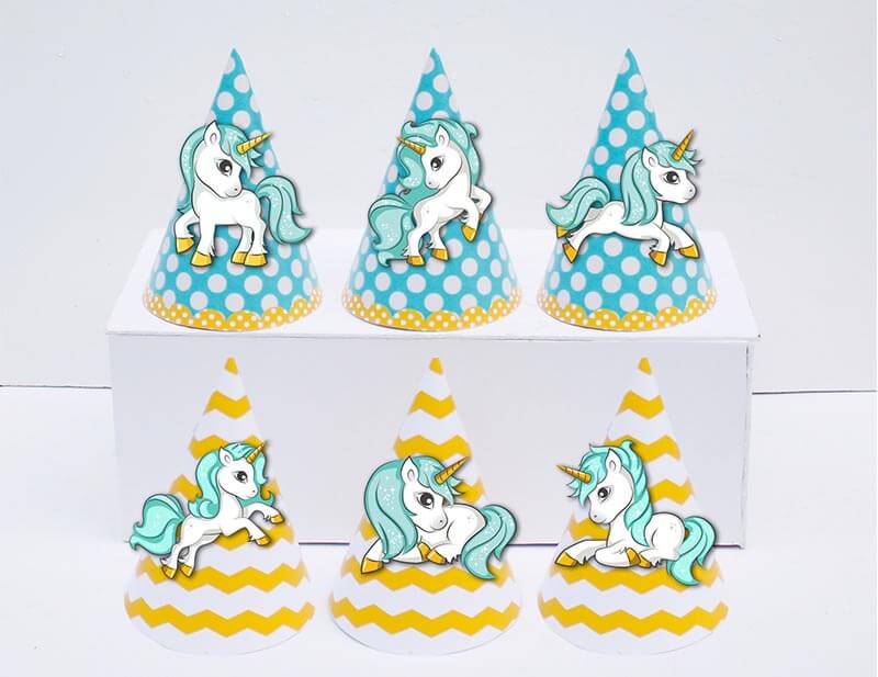 Set nón sinh nhật Unicorn Boy màu xanh min vàng