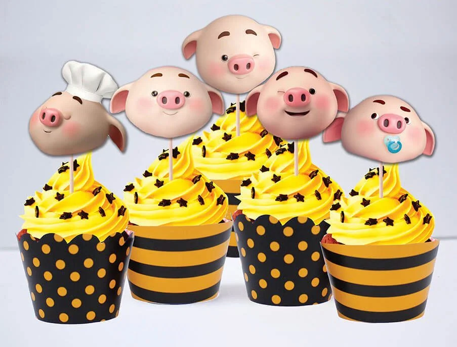 tem sinh nhat be heo trai mau vang den Tem bánh cupcake bé heo trai màu vàng đen