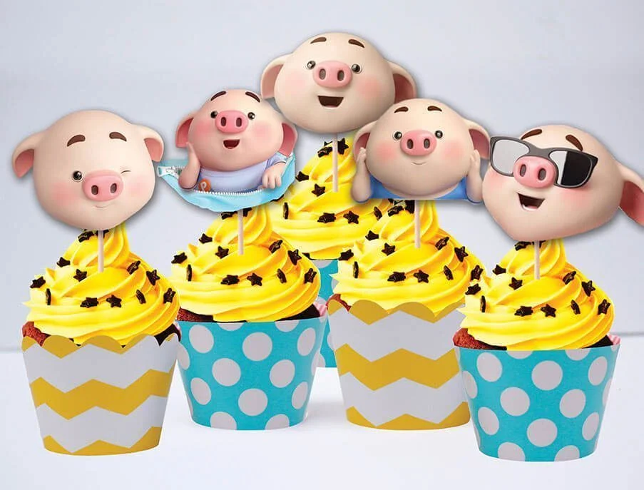 tem sinh nhat be heo trai mau xanh min vang Tem bánh cupcake bé heo trai màu xanh min vàng