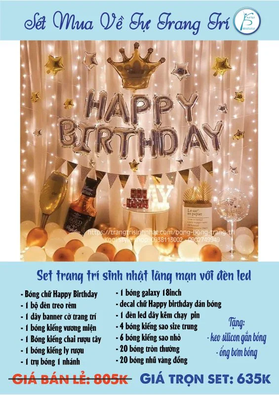 set trang tri sinh nhat lang man voi den led