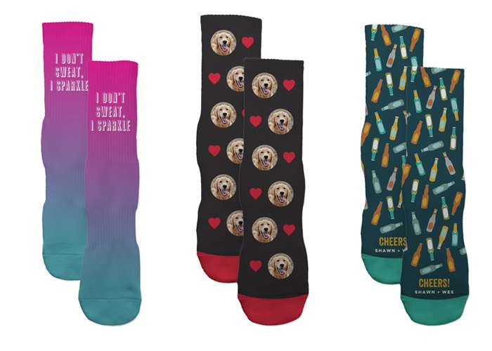 Three pairs of personalized custom socks.
