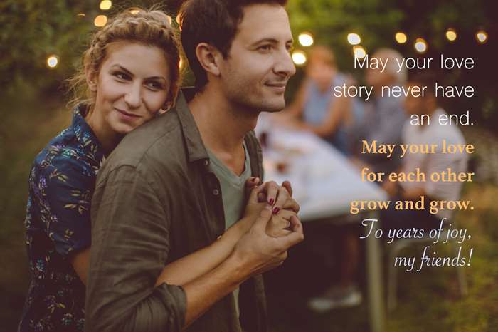 Photo of a mature couple, celebrating their anniversary with family, having a dinner outdoors in the back yard with anniversary wishes for friends overlay