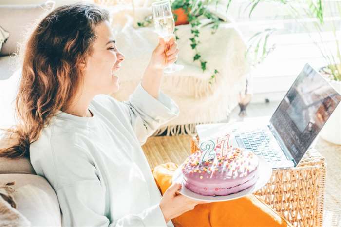 Girl celebrating birthday online in quarantine time.