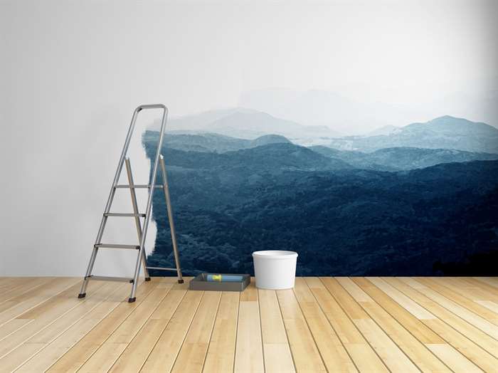 Repairs in room with painting of mountains on wall. 3D illustration.