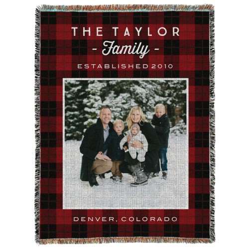 rustic plaid red woven photo blanket with red and black plaid