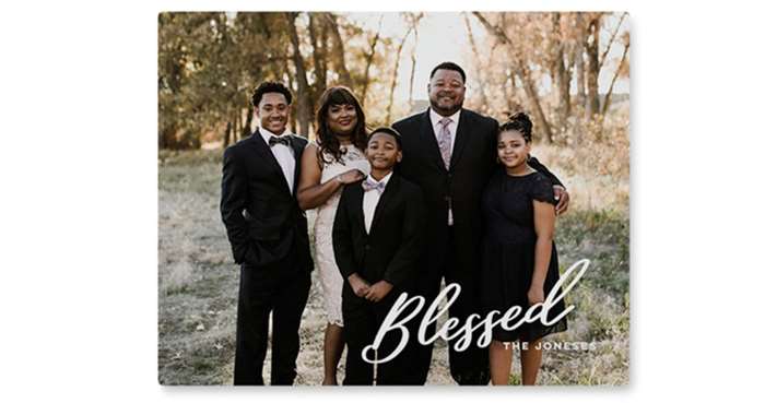 Metal photo print with family photo and blessed caption with script white font