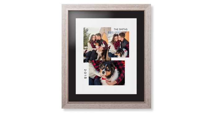Framed photo print with three photos of husband and wide and the pet dog along with text printed on the top mat