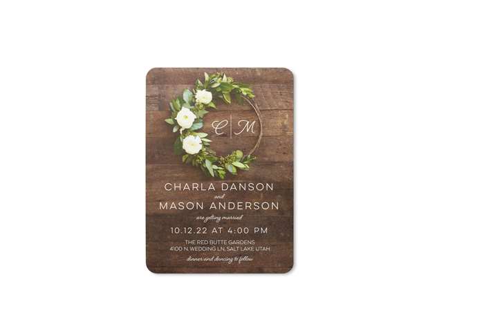 Barnwood wedding invitation with flower and wood wreath