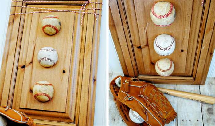 Upcycled wooden cabinet with baseballs