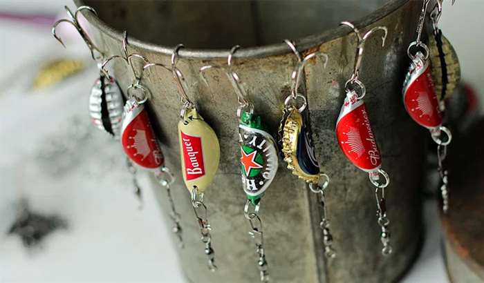 Beer bottle caps made into fish hooks