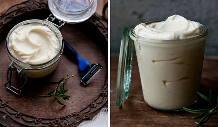 Rosemary shaving cream in clear jar with blue razor