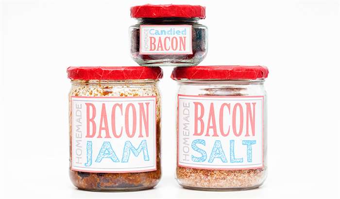 Bacon jam, bacon salt and candied bacon in jars