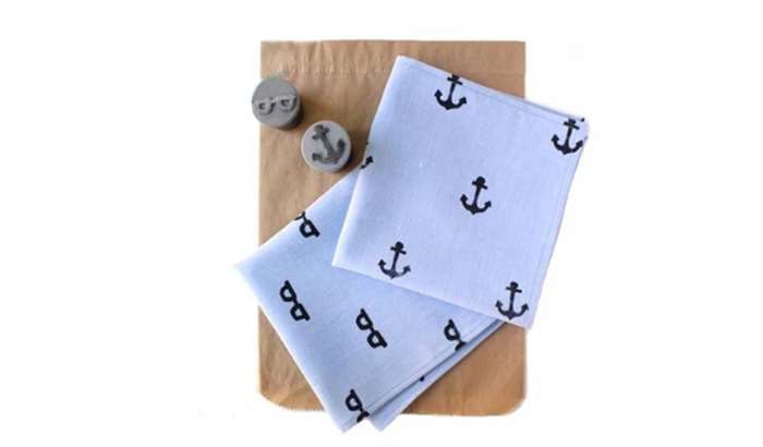 Blue handkerchiefs stamped with glasses and anchors