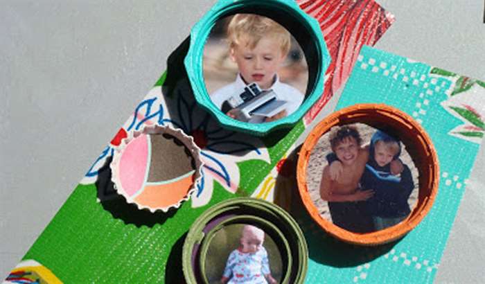 Recycled lid magnets with photos inside 